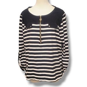 Striped Long-Sleeve Zip Front Top - Black & White